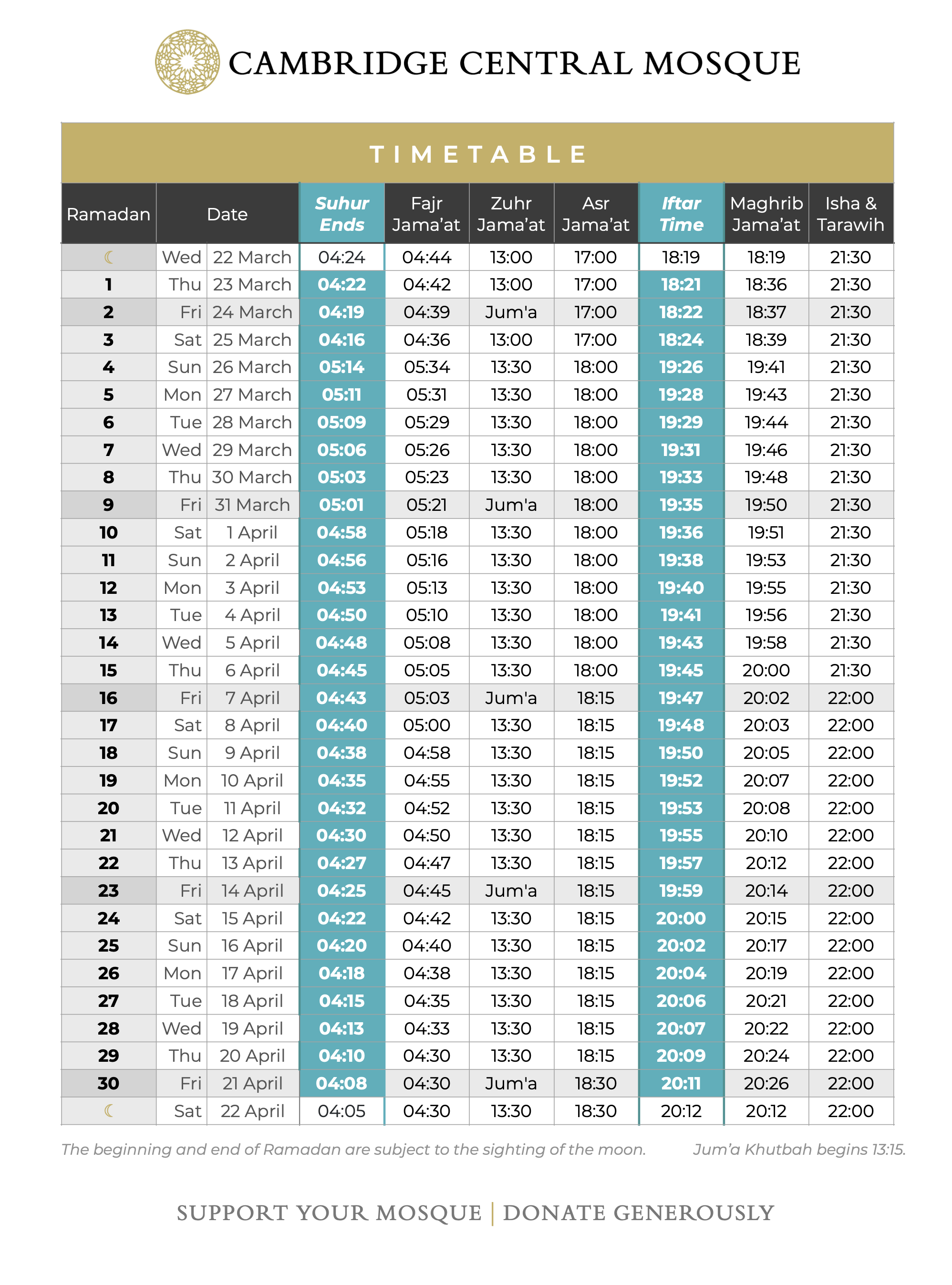 Prayer Times Cambridge Central Mosque